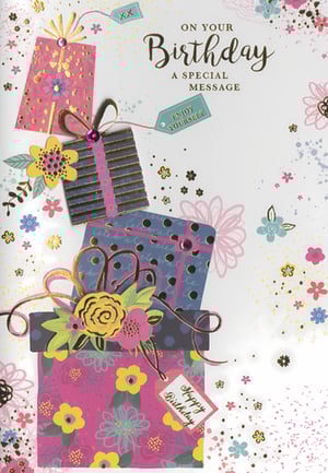 Our 'Open Birthday Female' card, from trusted supplier Simon Elvin, is designed to bring a touch of joy to any celebration. This eye-catching design features a vibrant stack of patterned gift boxes, enhanced with shimmering gold foil accents and charming layered floral embellishments. The cheerful palette of pinks, blues, and yellows creates a festive impression, making it an ideal choice for wishing someone special a memorable birthday. With thoughtful messages such as "ON YOUR Birthday A SPECIAL MESSAGE" and "ENJOY YOURSELF," this card is a lovely option for friends and family. Available in a convenient pack of 6, these cards are a great addition to your retail collection.