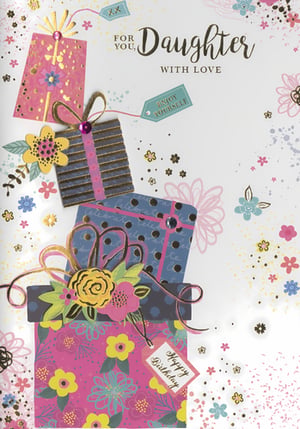 Celebrate your daughter's special day with this charming birthday card from Simon Elvin. The design showcases a delightful stack of presents, each wrapped in vibrant patterns of pink, blue, and gold, adorned with cheerful flowers and subtle glitter details. Messages like 'For You, Daughter With Love' and a 'Happy Birthday' tag convey heartfelt wishes. This card's modern and colourful aesthetic, complete with delicate embellishments, makes it a lovely choice for any daughter. Available in a convenient pack of 6, it's a wonderful addition to your greeting card range.