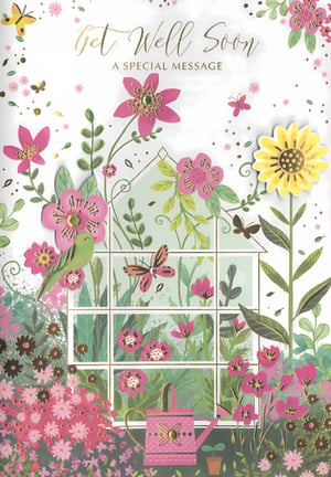 Send warm wishes with our beautiful Get Well Female card from Simon Elvin. This delightful card features a vibrant garden scene, bursting with cheerful pink and yellow flowers, lush green foliage, and playful butterflies. Charming layered details add depth to the design, from the sweet watering can to the elegant gold "Get Well Soon" script. A whimsical greenhouse window and a little green bird complete this idyllic picture. Perfect for brightening someone's day and sending a heartfelt message of recovery. Each pack contains 6 cards, ready to bring a smile.