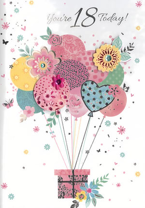 Help your customers celebrate a milestone 18th birthday with this enchanting card from Simon Elvin. Designed specifically for a female recipient, it showcases a beautiful arrangement of patterned balloons in various shapes and vibrant colours. Look closely for delightful details like sparkling gems, sequins, and intricate floral and polka dot designs. The balloons gracefully rise from a charming gift box, surrounded by playful confetti and butterflies, creating a truly celebratory feel. This lovely card is supplied in a handy pack of 6, making it an ideal addition to your greeting card range for those special occasions.