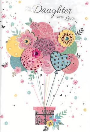 Celebrate that special Daughter with this enchanting greeting card from Simon Elvin. Adorned with a vibrant bouquet of patterned balloons, including charming heart shapes and intricate floral designs, this card is a true visual delight. Each balloon features unique textures and embellishments, from delicate polka dots to sparkling gems, creating a wonderfully layered effect.
The heartfelt message 'FOR YOU, Daughter WITH Love' is beautifully presented, making it perfect for birthdays, achievements, or simply to show appreciation. A delightful gift box illustration anchors the balloon strings, surrounded by pretty blossoms and scattered confetti. This lovely design, bursting with colour and warmth, is sure to bring a smile to any Daughter's face. Available in convenient wholesale packs of six, it's an ideal addition to your retail collection.