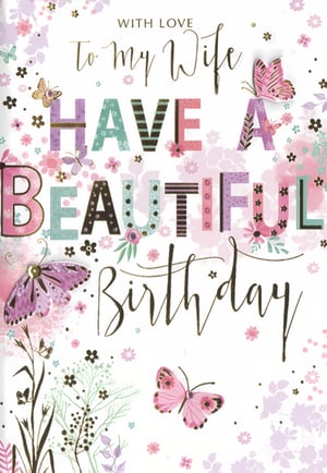 Celebrate her special day with this exquisite 'Wife' birthday card from Simon Elvin. Designed with love, this beautiful card features a delightful array of soft pastels, vibrant butterflies, and elegant floral accents. The charming mix of script and patterned block lettering, adorned with subtle gold details, creates a truly eye-catching design.

The heartfelt message, "WITH LOVE TO my Wife HAVE A BEAUTIFUL Birthday," is perfectly complemented by the whimsical artwork. Each card is crafted to convey warmth and affection, making it the ideal choice for any husband looking to express his love. Available in a convenient pack of 6, these cards are a wonderful addition to your greeting card selection, ready to bring joy to countless wives.
