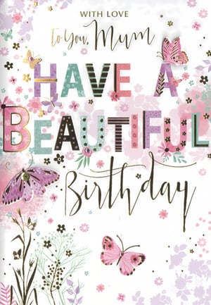 Celebrate Mum's special day with this beautiful birthday card from Simon Elvin. Adorned with charming butterflies and delicate floral motifs in soft pinks, purples, and greens, highlighted with elegant gold accents, this card truly stands out. The heartfelt message, "WITH LOVE TO YOU, Mum HAVE A BEAUTIFUL Birthday," is presented with a lovely mix of playful and elegant typography. This delightful design is perfect for showing appreciation to a beloved Mum. Available in a convenient pack of 6, it's a wonderful addition to your greeting card selection.
