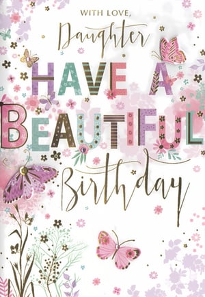 Help your customers celebrate their daughters with this exquisite birthday card from Simon Elvin. Adorned with the warm message 'WITH LOVE, Daughter HAVE A BEAUTIFUL Birthday', this card features a truly charming design. Delicate butterflies flutter amongst soft floral patterns, all rendered in a beautiful palette of pastel pinks, purples, and teals, elegantly accented with shimmering gold details. The unique blend of patterned block letters and graceful script calligraphy makes this card stand out. It's a perfect choice for retailers seeking a lovely and thoughtful option for their card display. Supplied in a convenient pack of 6 (1x6), ready to delight your customers.