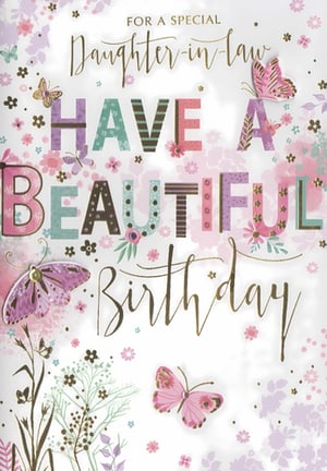 Presenting the 'Daughter In Law' birthday card, a truly enchanting choice from Simon Elvin. This beautiful card is designed to celebrate that special family member with grace and charm. Featuring delicate butterflies and an array of pretty floral patterns in soft pastel hues of pink, purple, and teal, it exudes elegance. The shimmering gold lettering wishes her a "Beautiful Birthday," adding a touch of luxury. Crafted with attention to detail, this card is perfect for conveying your warmest wishes. Available in a convenient pack of 6, ensuring you're always prepared to make her day extra special.