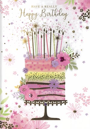 Celebrate her special day with this absolutely charming birthday card! Featuring a delightful multi-tiered cake adorned with colourful candles and sparkling confetti, this design is sure to bring a smile. Beautifully illustrated in soft watercolour tones of pink, purple, and green, it's enhanced with delicate floral embellishments and shimmering gold accents. The elegant 'Happy Birthday' script adds a touch of sophistication. Perfect for any female recipient, this card offers a truly lovely way to send warm wishes. Stock up on this popular design, available in convenient packs of six, and ensure your customers have the perfect card for every celebration.