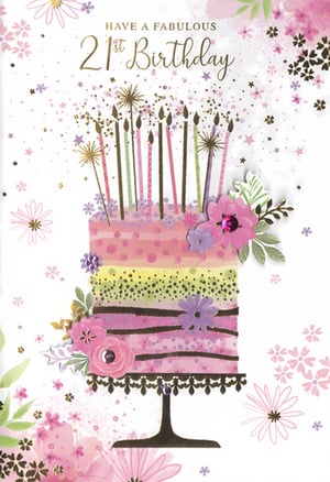 Celebrate a milestone 21st birthday in style with this gorgeous card from Simon Elvin. Featuring a beautifully illustrated multi-tiered cake adorned with colourful candles and delicate floral details, it's a truly eye-catching design. Scattered glitter and confetti add an extra touch of sparkle, making it perfect for a fabulous female recipient. The vibrant pinks, purples, and greens create a cheerful and memorable greeting. Stock up with this popular 'Age 21 Female' card, available in a convenient pack of 6, and offer your customers the perfect way to mark this special occasion.