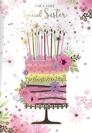 Celebrate a cherished bond with this enchanting 'Sister' greeting card from Simon Elvin. Designed with love, this beautiful card features a vibrant, multi-tiered cake, complete with an array of colourful candles ready to be lit. Delicate floral embellishments in shades of pink, purple, and green add a touch of elegance, while shimmering glitter and scattered stars create a truly celebratory feel. The heartfelt message, 'For a Very Special Sister', is beautifully presented in elegant gold script, making it perfect for birthdays or any occasion to show appreciation. Stock up on this popular design; available in a convenient pack of 6.