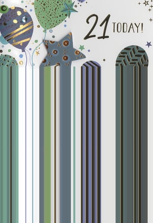 Celebrate a milestone 21st birthday with this stylish card from Simon Elvin. Designed with a modern touch, it features a vibrant mix of blue and green balloons and stars, accented with shimmering gold details. The bold "21 TODAY!" message stands out, making it the perfect choice for a special male recipient. Its contemporary design and eye-catching colours ensure it will be a popular pick for customers looking for a memorable card. Stock up on this essential 21st birthday card, available in a convenient pack of 6. A fantastic addition to any greeting card display!
