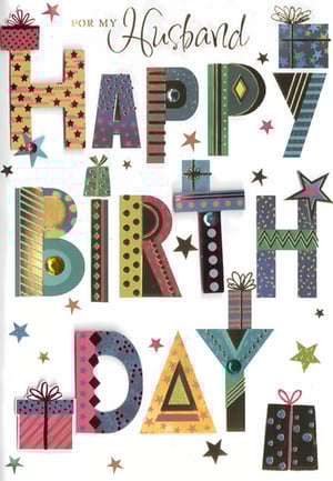 Celebrate his special day with this eye-catching 'Happy Birthday Husband' card from Simon Elvin. Designed to stand out, this card features bold, multi-patterned letters for 'HAPPY BIRTHDAY', each adorned with unique textures and sparkling embellishments. From playful stars and stripes to sophisticated geometric designs, the vibrant colours and intricate details create a truly festive feel. Scattered gift boxes and stars add an extra touch of celebration. This premium card offers a modern and stylish way to show appreciation, making it a perfect choice for your customers. Stock up with our convenient 1x6 pack size and offer a truly memorable card for that special husband.