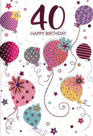 Celebrate a fabulous 40th birthday in style with this gorgeous card from Simon Elvin. Designed specifically for a special woman reaching this wonderful milestone, the card features a striking '40' alongside 'Happy Birthday' text.
The vibrant design is adorned with an assortment of colourful balloons, each showcasing unique patterns like playful polka dots, charming stars, and elegant stripes. Many balloons are beautifully embellished with decorative flowers, adding a touch of feminine charm. Scattered stars and delicate swirls complete the cheerful scene, making this card truly eye-catching.
Perfect for retailers looking to offer a standout option, these delightful cards come in a convenient pack of 6.