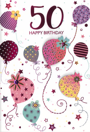 Celebrate a fabulous 50th birthday in style with this charming card from Simon Elvin. Designed with a special woman in mind, this vibrant card features a delightful array of colourful balloons, each boasting unique patterns like stars, dots, and stripes. Many are beautifully embellished with decorative flowers and subtle sparkle, adding an extra touch of elegance. The prominent '50' is boldly displayed, surrounded by a scattering of playful stars and confetti, creating a truly festive and celebratory feel. Perfect for customers seeking a memorable way to mark this significant milestone, these cards come in a convenient pack of 6, ready to brighten any birthday display.