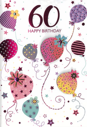 Mark a fabulous 60th birthday with this charming card, perfect for a special female recipient. From Simon Elvin, this delightful design features a shimmering '60' and 'Happy Birthday' message, surrounded by a vibrant collection of balloons. Each balloon boasts unique, eye-catching patterns – from playful polka dots to elegant stripes and sparkling stars – and is beautifully embellished with decorative flowers, some featuring a touch of sparkle. Scattered stars and confetti add to the festive atmosphere, making this card a wonderful way to celebrate a milestone. Supplied in a convenient pack of 6, ensuring you're ready for every celebration.