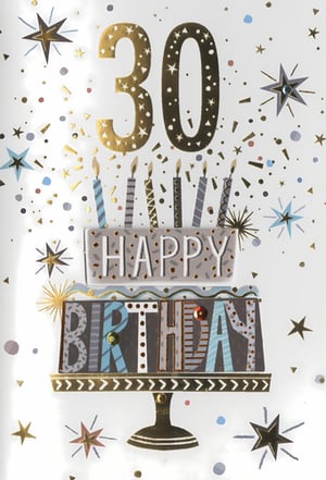 Celebrate a special 30th birthday with this striking card from Simon Elvin. Designed for a male recipient, it features a bold '30' in a mix of shimmering gold and deep grey, both decorated with star motifs. A charming two-tier birthday cake takes centre stage, topped with colourful candles and spelling out 'HAPPY BIRTHDAY' in an appealing array of patterns and textures. The card's festive feel is completed with a scattering of confetti and stars in gold, blue, and grey against a clean white background. This contemporary design offers a tasteful and celebratory way to mark a significant milestone. Add this popular card to your collection, available in a convenient pack of 6.