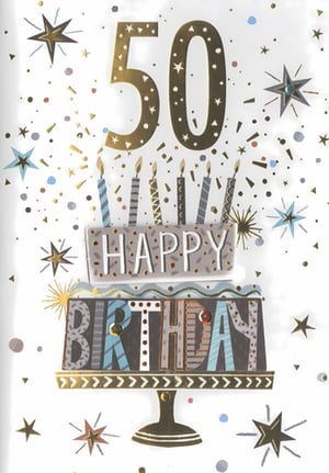 Celebrate a special 50th birthday with this distinctive card from Simon Elvin, designed for men. The card features a prominent "50" in shimmering gold, accented with a scattering of stars and confetti for a festive touch. A contemporary multi-layered cake design forms the centrepiece, complete with an array of patterned candles and the message "HAPPY BIRTHDAY". The design incorporates a sophisticated blend of gold, grey, and cool blue tones, with varied patterns on the cake layers adding visual interest. It's a thoughtful choice for marking half a century, offering a modern and memorable greeting. This card is supplied in a convenient pack of 6, making it an excellent addition to your greeting card selection for milestone birthdays.