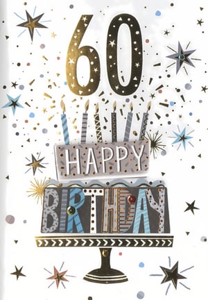 Help your customers celebrate a momentous 60th birthday with this stylish card from Simon Elvin. Designed specifically for men, this eye-catching card features a prominent gold '60' adorned with stars, set against a lively backdrop of confetti and sparkling stars in gold, blue, and grey.
The centrepiece is a charming two-tier birthday cake, complete with lit candles and the cheerful message 'HAPPY BIRTHDAY' in a modern, textured font. Subtle embellishments add a touch of sophistication, making this card perfect for marking such a significant milestone. Stock up on these popular cards, available in a convenient pack of 6.