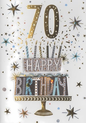 Help your customers celebrate a significant milestone with this stunning Age 70 Male birthday card from Simon Elvin. Designed with a sophisticated touch, this card features a prominent, glitter-embellished gold '70' at the top, surrounded by a shower of stars and confetti.
The centrepiece is a stylish two-tier birthday cake illustration, complete with candles and the heartfelt message "HAPPY BIRTHDAY" in a contemporary palette of grey and blue. Subtle star embellishments add an extra layer of sparkle, making this card truly special for a 70th birthday. Perfect for a male recipient, its elegant design ensures it stands out. Available in a wholesale pack of 1x6, it's a must-have for your greeting card display.