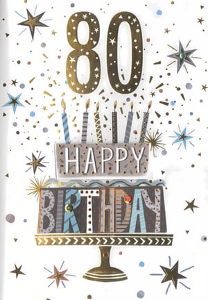 Celebrate a milestone 80th birthday in style with this fantastic card. Designed to impress, the bold golden '80' takes centre stage, surrounded by a shower of festive confetti and sparkling stars. A charming two-tiered cake illustration spells out "HAPPY BIRTHDAY" in a mix of contemporary patterns and colours, including blues, greys, and shimmering gold accents. Complete with decorative candles and a stylish cake stand, this card offers a sophisticated yet joyful way to mark such a special occasion. It's the perfect choice for wishing a very Happy 80th Birthday to a special man, ensuring his big day is celebrated memorably.