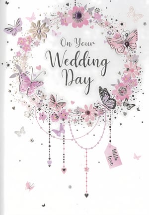 Celebrate the happy couple with our enchanting "Wedding Day" card, a truly delightful choice for their special day. From Simon Elvin, this exquisite card features a gorgeous floral wreath, intricately designed with soft pink and lilac blooms and shimmering embellishments. Elegant butterflies flutter across the design, some with a lovely 3D effect, adding depth and charm. Delicate beaded strings, adorned with tiny hearts and a sweet 'With love' tag, complete this romantic scene. Stock up with our convenient pack of 6, ensuring you have this beautiful card ready for every wedding occasion.