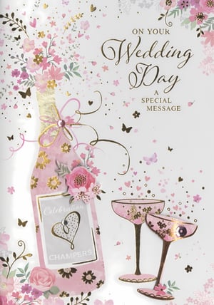 Help your customers celebrate the happy couple with this delightful "Wedding Day" card from Simon Elvin. This charming design showcases a pink champagne bottle, beautifully decorated with delicate flowers and a shimmering gold neck, ready to pop with joy. Two elegant champagne flutes, adorned with hearts and floral patterns, invite a toast to the newlyweds. The card is enhanced with a scattering of pink flowers, golden accents, and graceful butterflies, creating a wonderfully romantic and celebratory atmosphere. The message "ON YOUR Wedding Day A SPECIAL MESSAGE" is presented in elegant gold script. A lovely choice for wishing the happy couple all the best. Available in a convenient pack of 6.