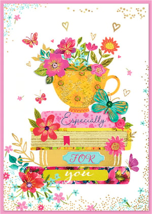 Brighten someone's day with this charming 'Especially For You' card. It features a golden teacup overflowing with vibrant flowers and playful butterflies, perched atop a stack of beautifully decorated books. Adorned with sparkling gold accents and a scattering of hearts, this card offers a lovely visual appeal. The sweet message 'Especially FOR you' makes it ideal for a wide array of female recipients and occasions, from birthdays to thoughtful gestures. Supplied by Simon Elvin, these Blank Female cards come in a handy pack of 6, ready to add a touch of warmth and beauty to your retail collection. A delightful design that's sure to be appreciated.