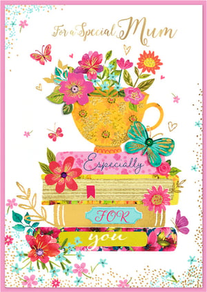 Show Mum how special she is with this delightful greeting card from Simon Elvin. This vibrant design features a golden teacup overflowing with colourful flowers and delicate butterflies, creating a truly charming scene. A stack of beautifully illustrated books, adorned with more blooms, carries the heartfelt message 'Especially FOR you'. With its bright pink, gold, and floral accents, this card is perfect for Mother's Day, birthdays, or just to say 'thank you'. Each pack contains 6 of these lovely Mum cards, ready to bring a smile to every recipient.