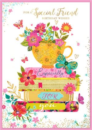 Celebrate special friendships with this delightful birthday card! This charming design features a vibrant teacup overflowing with beautiful flowers, elegantly perched atop a stack of colourfully illustrated books. Adorned with delicate butterflies and shimmering gold accents, the card conveys a heartfelt message: "FOR A Special Friend BIRTHDAY WISHES Especially FOR you". Its bright palette and intricate details make it a truly eye-catching choice for any female friend. This lovely card, part of our 'Friend Female' range from Simon Elvin, is supplied in a convenient pack size of 1x6, ready to bring joy.