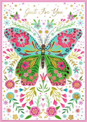 Introduce a burst of colour and charm to your card display with this exquisite 'Blank Female' card from Simon Elvin. This delightful design showcases a magnificent butterfly, adorned with intricate patterns in vibrant teal, fuchsia pink, and lush green, accented with sparkling gold details. Surrounding the central motif is a whimsical array of delicate flowers and foliage, creating a truly enchanting scene. The elegant 'Just For You' script adds a warm, personal touch.
Perfect for a multitude of occasions, this blank card offers endless possibilities for heartfelt messages to any special woman. Stock up with our convenient pack of 6, ensuring you always have this eye-catching design ready for your customers.