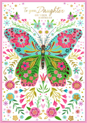 Make a daughter's birthday extra special with this beautiful card from Simon Elvin. It showcases a wonderfully decorative butterfly as its centrepiece, adorned with intricate patterns and vibrant colours like pink, teal, green, and gold. Surrounding the butterfly is a cheerful array of folk-art inspired flowers and foliage, creating a truly delightful design. With its charming details and bright palette, this card offers a lovely way to convey heartfelt birthday wishes. Available in a convenient pack size of 1x6, it's a fantastic addition to your greeting card selection.