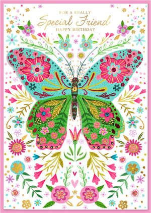 Celebrate a truly special friend's birthday with this stunning card from Simon Elvin. Featuring a magnificent, intricately detailed butterfly at its heart, this design bursts with vibrant colours including teal, pink, green, and shimmering gold accents. The beautiful butterfly is surrounded by a delightful array of whimsical flowers and foliage, creating a truly eye-catching and artistic feel. Perfect for conveying warm birthday wishes, this card is designed to make any female friend feel cherished. Its cheerful and decorative style ensures it stands out. Available in convenient packs of six, it’s a wonderful addition to your greeting card selection.