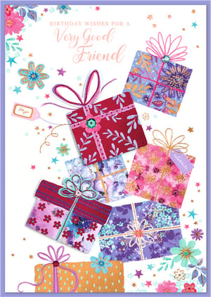 Make sure your customers can celebrate their special friends in style with this vibrant birthday card from Simon Elvin. Adorned with a delightful cascade of beautifully wrapped gift boxes, each featuring unique floral patterns, sparkling stars, and elegant ribbons, this card is a true visual treat. The heartfelt message, "Birthday Wishes for a Very Good Friend," is perfectly complemented by the cheerful design. Ideal for any female friend, this card offers a wonderful way to convey warm wishes. Available in a handy pack of 6, it's a must-have addition to your greeting card selection.
