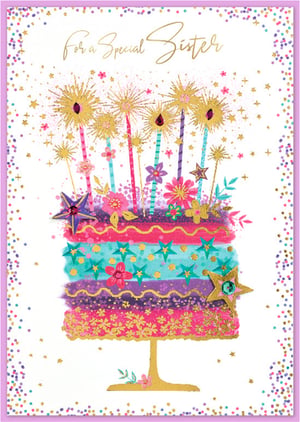 Celebrate a truly special sister with this enchanting greeting card from Simon Elvin. Featuring a dazzling, multi-layered cake design, it's bursting with vibrant colours, intricate patterns, and sparkling gold accents. Glittering 'sparkler' candles, delicate flowers, and charming stars adorn the cake, creating a truly festive and eye-catching display. The elegant gold foil message, 'For a Special Sister', adds a touch of luxury. Perfect for birthdays or simply to show your appreciation, this card is sure to bring a smile. Available in a convenient pack of 6, it's a delightful addition to your card selection.