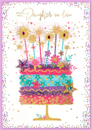 Make her day truly special with this vibrant Daughter-in-Law card from Simon Elvin. This eye-catching design features a magnificent tiered cake, lavishly decorated with golden glitter, shimmering stars, and playful sparklers that burst with joy. Rich hues of pink, purple, and teal combine with delicate floral accents to create a wonderfully celebratory greeting. It's the perfect card to convey warm wishes and make her feel cherished on any occasion. Stock up on this delightful design, available in a convenient pack of 6, and add a touch of sparkle to your greeting card collection.
