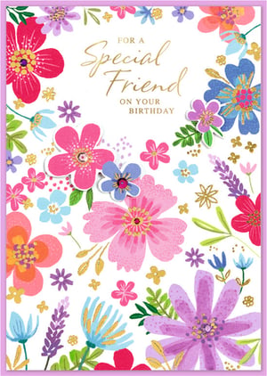 Make her birthday extra special with this delightful card for a special friend. Featuring a stunning array of vibrant, colourful flowers in shades of pink, purple, blue, and red, it's sure to bring a smile. The elegant design is enhanced with beautiful gold accents, adding a touch of sparkle and sophistication. Perfect for celebrating a cherished friendship, this card is a wonderful way to show you care. Available in a convenient pack of six, it's an ideal addition to your greeting card selection.