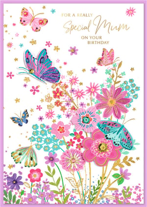 Help your customers celebrate their Mums with this lovely birthday card from Simon Elvin. This vibrant design features a delightful garden of pink, purple, and blue flowers, enhanced with shimmering gold accents. Intricately detailed butterflies add a charming touch, some appearing to have a subtle raised effect. The elegant gold script conveys a heartfelt message: 'For a Really Special Mum on Your Birthday'. This eye-catching card is a wonderful choice for any Mum. Supplied in a convenient pack of 6, these cards are perfect for your retail display, ready to bring a smile to every recipient.