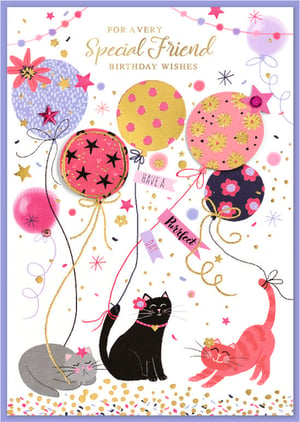 Make a special friend's birthday truly memorable with this charming 'Friend Female' card from Simon Elvin. This delightful design is a celebration of joy, featuring a vibrant array of balloons adorned with playful patterns and shimmering glitter. Three adorable cats steal the show: a happy black cat, a stretching pink cat, and a peacefully sleeping grey companion. Sweet banners wishing 'HAVE A Purrfect DAY' add an extra touch of warmth. Full of cheer and feline fun, this card is the perfect way to send your heartfelt birthday wishes to a truly special friend.