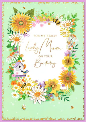 This delightful birthday card, 'Mum', from Simon Elvin, is a truly lovely way to celebrate her special day. Featuring a vibrant array of sunflowers, cheerful daisies, and buzzing bees, the design evokes a beautiful, sun-drenched garden. A charming birdhouse with a little blue bird adds a sweet touch, all framed by sparkling gold accents on a soft green background. The elegant gold script reads, 'FOR MY REALLY Lovely Mum ON YOUR Birthday', making it a heartfelt choice. Stock up with this convenient pack of six and offer your customers a truly special card for their Mum.