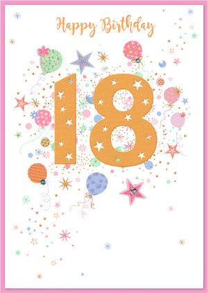 Mark a significant milestone with this enchanting Age 18 Female birthday card from Simon Elvin. Featuring a prominent, textured golden '18' embellished with cut-out stars, this card exudes celebratory charm. The design is beautifully complemented by an array of pastel-coloured balloons, some adorned with sparkling gems, alongside a scattering of whimsical stars and confetti. The elegant "Happy Birthday" message in golden script completes this festive look. Perfect for a special young woman, its vibrant and sparkling aesthetic is sure to delight. Available in a convenient pack of 6, this card is a must-have for any greeting card display.