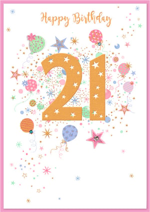 Make their 21st birthday truly special with this delightful 'Age 21 Female' card from Simon Elvin. Designed to celebrate this significant milestone, the card features a vibrant and festive design. The shimmering gold 'Happy Birthday' message and prominent '21' are adorned with charming star cut-outs, adding a touch of sparkle.
Surrounded by a playful scattering of pastel balloons, stars, and confetti in soft pinks, blues, and greens, this card exudes joy. Subtle embellishments on some elements provide an extra luxurious feel. Perfect for any female celebrating her big 21, these cards come in a convenient wholesale pack of 6, ensuring you're stocked up for every special occasion.