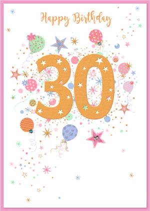 Make their 30th birthday truly special with this delightful 'Age 30 Female' card from Simon Elvin. Featuring a shimmering gold '30' adorned with charming star cut-outs, this card is designed to catch the eye. A flurry of pastel balloons, twinkling stars, and colourful confetti creates a wonderfully festive and feminine feel. The elegant 'Happy Birthday' script adds a touch of sophistication. Perfect for celebrating a significant milestone, this beautiful card offers a vibrant and celebratory design that any recipient will adore. Stock up with our convenient pack of 6 and ensure your customers have the perfect card for this memorable occasion.