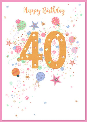 Make her 40th birthday truly unforgettable with this delightful card from Simon Elvin. Designed specifically for a special female recipient, this card radiates joy and celebration. The prominent golden '40', adorned with charming star cut-outs, takes centre stage, surrounded by a whimsical flurry of pastel balloons, sparkling stars, and colourful confetti.
The soft pinks, blues, greens, and golds create a wonderfully cheerful and feminine aesthetic, perfect for marking such a significant milestone. With its vibrant design and touch of sparkle, this card is sure to bring a smile to her face. Stock up on this popular design with our convenient 1x6 pack size, ensuring your customers can find the perfect card for that fabulous fortieth.