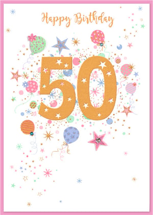 Celebrate a fabulous 50th birthday with this delightful card from Simon Elvin! Designed specifically for a special female recipient, this vibrant card features a cheerful array of pastel balloons, sparkling stars, and colourful confetti, all bursting around a bold, glitter-effect '50'. The elegant 'Happy Birthday' script adds a touch of sophistication to the celebratory design. With its charming details and joyful aesthetic, this card is sure to bring a smile to anyone marking their milestone half-century. Stock up on this popular design, available in a convenient pack of 6, and help your customers celebrate in style!
