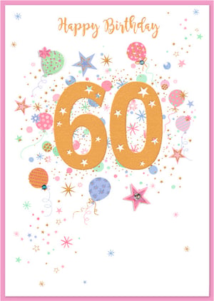 Celebrate a milestone 60th birthday with this delightful card, perfect for a special female recipient. Featuring a dazzling gold '60' adorned with star cut-outs, it's surrounded by a vibrant burst of colourful balloons, shimmering confetti, and charming stars in pastel pinks, blues, and greens. The elegant 'Happy Birthday' script in matching gold adds a touch of sophistication. With subtle glitter accents and a cheerful design, this card is sure to make any 60th celebration extra special. Supplied by Simon Elvin, these beautiful cards come in a convenient pack of 6, ready to brighten any occasion.