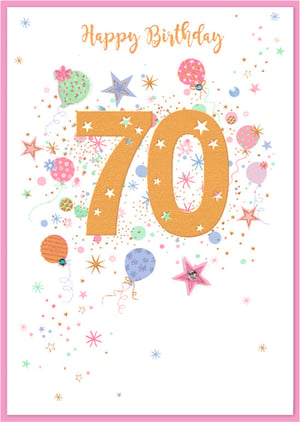Help your customers celebrate a truly special milestone with this delightful Age 70 Female birthday card from Simon Elvin. This charming card features a prominent, sparkling '70' adorned with star cut-outs, making it a standout choice for a landmark birthday.
The design is bursting with joy, showcasing an array of pastel-coloured balloons, twinkling stars, and festive confetti, all enhanced with subtle glitter accents for an extra touch of sparkle. With its cheerful 'Happy Birthday' message and elegant, feminine aesthetic, it's the perfect way to send warm wishes. Stock up with our convenient 1x6 pack size and offer your customers a truly memorable card for this momentous occasion.