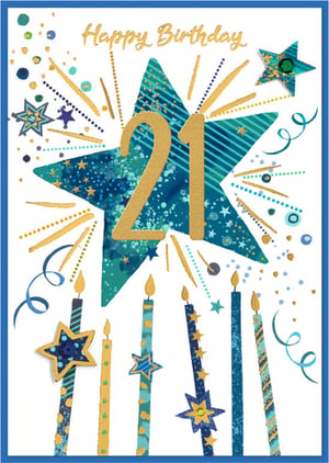 Mark a monumental 21st birthday with this dazzling card from Simon Elvin, specifically designed for him! Our 'Age 21 Male' card features a striking design of shimmering gold and cool blue tones, making it the perfect choice for this special milestone. A bold '21' takes centre stage on a dynamic star, surrounded by festive sparkles and an array of patterned candles. The contemporary style and eye-catching details ensure this card will stand out. Offer your customers a truly memorable way to celebrate a 21st, available in a convenient pack of 6. It's a must-have for any retailer looking for a stylish and popular birthday card for young men.
