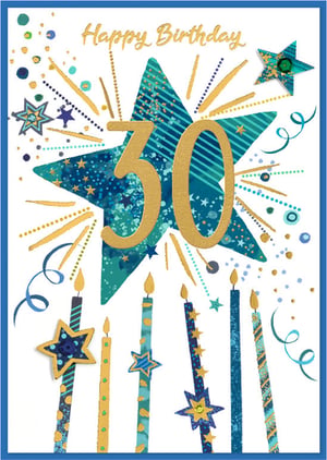 Help your customers celebrate a landmark 30th birthday with this striking 'Age 30 Male' card from Simon Elvin. Designed with a vibrant palette of gold, teal, and blue, it's perfect for marking this special milestone. A bold, golden '30' takes centre stage, surrounded by sparkling stars, confetti, and dynamic bursts of colour. The base of the card features an array of beautifully decorated candles, enhancing the festive atmosphere. This eye-catching card is sure to make any 30-year-old feel truly special on their big day. Available in a convenient 1x6 pack, it's an ideal addition to your greeting card selection.