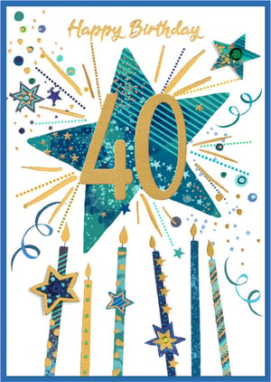 Celebrate a landmark 40th birthday in style with this striking card from Simon Elvin. Designed specifically for men, this vibrant card features a bold, shimmering gold '40' at its heart, set against a dynamic teal and blue starburst background. Gold celebratory bursts and scattered confetti add to the festive feel, while an array of patterned candles in coordinating blues and golds complete the eye-catching design. With 'Happy Birthday' elegantly scripted at the top, this card is perfect for marking such a special occasion. Stock up your shelves with this popular choice, available in a convenient pack of 6.
