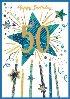 Celebrate a monumental 50th birthday with this vibrant 'Age 50 Male' card from Simon Elvin. Designed to make a statement, it features a bold gold '50' set against a striking teal and blue star, surrounded by celebratory golden bursts and shimmering confetti. The design is further enhanced with an array of stylish birthday candles in coordinating blues, teals, and gold, adorned with stars and patterns. This eye-catching card offers a modern and festive way to mark this special milestone. Perfect for the discerning man, its high-quality finish ensures it will be a cherished keepsake. Available in a convenient pack of six, it's an essential addition to your greeting card selection.