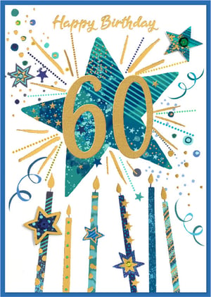 Celebrate a special 60th birthday with this vibrant 'Age 60 Male' card from Simon Elvin. Featuring a dynamic design in shades of blue and teal, accented with sparkling gold, this card is sure to catch the eye. A bold gold '60' takes centre stage, surrounded by an explosion of stars and celebratory bursts, creating a truly festive feel. The design is completed with an array of stylish candles, making it perfect for marking this significant milestone. Stock up on this eye-catching card, supplied in a convenient pack of 6, and offer your customers a memorable way to wish someone a very Happy Birthday.