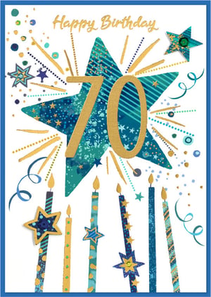 Celebrate a truly special 70th birthday with this vibrant card, perfect for a milestone male celebration. The design features bold gold '70' numerals taking centre stage on a dynamic teal and blue starburst, surrounded by an explosion of golden rays and sparkling confetti. Elegant blue and gold candles, some adorned with charming star embellishments, line the bottom, adding to the festive atmosphere. The 'Happy Birthday' message shines in gold script at the top. This stylish and celebratory card from Simon Elvin comes in a convenient pack of six, making it an ideal choice for your retail offering.